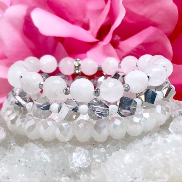 π3XHPπ Silver Crystal Bracelet White Faceted Jade - Picture 3 of 4